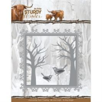 Billede: skære/prægeskabelon vinter ramme med træer og iskrystaller kanten rundt samt 2 fugle, Amy Design Dies 