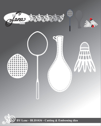 Billede: skære/prægeskabelon badminton, BY LENE DIES “Badminton” BLD1036, 
Shuttlecock: 3,6x2,7cm, førpris kr. 54,- nupris
