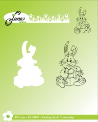 Billede: skæreskabelon og stempel kanin spiser gulerod, BY LENE DIES & CLEARSTAMP “Rabbit eating carrots” BLD1062, 3,7x5,7cm, førpris kr. 56,- nupris