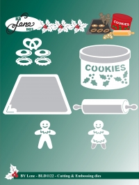 Billede: skære/prægeskabelon bageplade,kagedåse, kagerulle, småkager, kagekone og kagemand, BY LENE DIES “Cookies” BLD1122, Biggest: 7,4x4,3cm, førpris kr. 92,- nupris