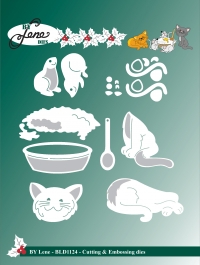 Billede: skære/prægeskabelon 2 katte og 2 mus omkring et fad risengrød, BY LENE DIES “Cats & Mice” BLD1124, Biggest: 5,8x3,3cm, førpris kr. 94,- nupris