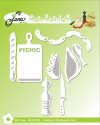 Billede: skære/prægeskabelon skærebræt, madvarer, kværn og kniv til picnic, BY LENE DIES 