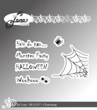 Billede: BY Lene Clearstamp Hvis du tør..., Monster Party, HALLOWEEN, Woohooo, og edderkop, spindelvæv og øjne, BLS1257, Største: 4x3,6cm