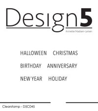 Billede: Design5 clearstamp HALLOWEEN, CHRISTMAS, BIRTHDAY, ANNIVERSARY, NEW YEAR, HOLIDAY, D5C045, førpris kr. 32,- nupris
