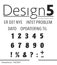 Billede: Design5 clearstamp ER DET NYE, INTET PROBLEM, DATO, OPDATERING TIL, 1 2 3 4 5 6 7 8 9 0 ! % & ? : + -, D5C093, 1: 0,5x1cm, førpris kr. 40,- nupris