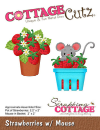 Billede: skæreskabelon lille mus i jordbærerne, Dies CottageCutz CC-1030, Strawberries w/Mouse