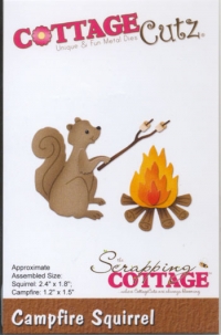 Billede: skæreskabelon Dies CottageCutz CC-250 egern ved bål, Campfire Squirrel, 3x3,8 til 6,1x4,6cm, førpris kr. 87,- nupris 