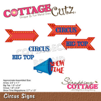 Billede: skæreskabelon cirkusskilte og megafon, Dies CottageCutz CC-858, Circus Signs 