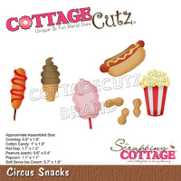 Billede: skæreskabelon corndog, soft ice, candyfloss, hotdog, peanuts, popcorn, Dies CottageCutz CC-859, Circus Snacks