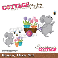 Billede: skæreskabelon mus med potteplanter og trækvogn, CC-881, Mouse w/Flower Cart, CottageCutz