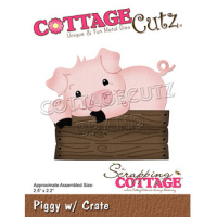 Billede: skæreskabelon lille gris med krølle på halen i en trækasse, Dies CottageCutz CC-899, Piggy w / Crate