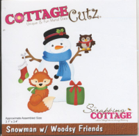 Billede: skæreskabelon snemand, ræv, ugle og gave, Dies CottageCutz CC-926, Snowman w/Woodsy Friends
