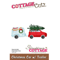 Billede: skæreskabelon juletræ på taget af bil med campingvogn på krogen, Dies CottageCutz CC-942, Christmas Car w/Trailer