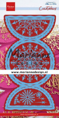 Billede: skære/prægeskabelon foldekort med snefnug, MARIANNE DESIGN CUT/EMB LR0618 Anja's Folding Circle XL, 115x220mm, førpris kr. 153,- nupris