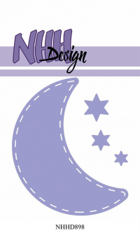 Billede: skæreskabelon måne med stitch og 3 små stjerner, NHH Design Dies, Moon & Stars, NHHD898, Biggest: 9,2x6,4cm, førpris kr. 60,- nupris