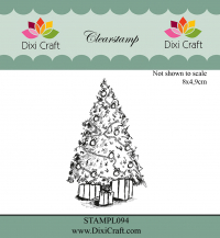 Billede: DIXI CRAFT CLEARSTAMP Juletræ med gaver, Christmas Tree,  STAMPL094, 8x4,9cm, førpris kr. 28,- nupris 