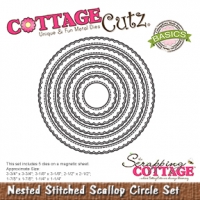 Billede: skæreskabelon COTTAGECUTZ DIES “Nested Stitched Scallop Circle” CCB-062, Største: 9,5x9,5cm, førpris kr. 156,00, nupris