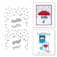 Billede: skæreskabelon regndråber og hjertedråber samt 2 engelske tekster med skygge, Raining Hearts, Spellbinders S5-559, paraplyen købes separat