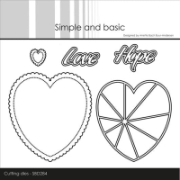Billede: skæreskabelon inddelt hjerte med scalloped hjertebaggrund, Love, Hope og minihjerte, Simple and Basic die 