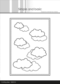 Billede: skæreskabelon A6 plade med dots kanten rundt, dottede skyer og hele skyer, der bliver skåret ud, Simple and Basic die 