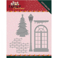 Billede: skære/prægeskabelon vindue, mursten, gadelampe og juletræ, YVONNE DESIGN DIE YCD10185, 10,8x10cm