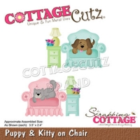 Billede: skæreskabelon hund og kat i lænestole og 1 kommode med lampe, cc-556, Dies CottageCutz, Puppy & Kitty on Chair