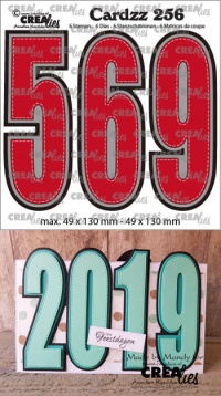 Billede: skæreskabelon tal 5 og 6, hvor tallet 6 også bruges som tallet 9, med stitch og dobbeltskygge, Dies Crealies Cards 256 tallene 5+6, Max. 49 x130 mm-49 x130 mm 6 dies 