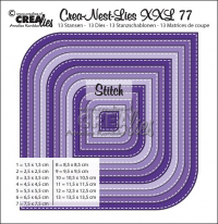 Billede: skæreskabelon firkant med stitch og med spidse og afrundede hjørner, Crealies, CLNestXXL77, Max. 13,5 x 13,5 cm.