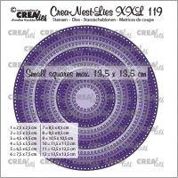 Billede: skæreskabelon 12 runde dies med små firkantede huller kanten rundt, Crea-Nest-Lies XXL dies no. 119, Circles with small squares, Crealies, 
CLNestXXL119

Max. 13,5 x 13,5 cm.