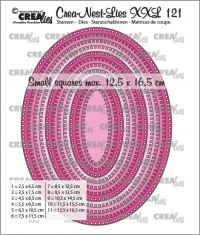 Billede: skæreskabelon 11 ovale dies med små firkantede huller kanten rundt, Crea-Nest-Lies XXL dies no. 121, Ovals with small squares, Crealies, 
CLNestXXL121

Max. 12,5 x 16,5 cm.