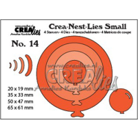 Billede: skæreskabelon 4 runde balloner, Dies Crealies Crea-Nest-Lies Small 14
CNLS14, balloner 1 = 20 x 19 mm 2 = 35 x 33 mm 3 = 50 x 47 mm 4 = 65 x 61 mm