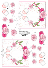 Billede: firkantet ramme med roser og 2 glas med rosévin, dan-quick