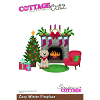 Billede: skæreskabelon hund ved julepejsen og juletræet, Dies CottageCutz CC-1090, Cozy Winter Fireplace