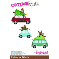 Billede: skæreskabelon 3 julebiler med træer og dyr på taget, Dies CottageCutz CC-1095, Holiday on Wheels