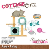Billede: skæreskabelon kat på kradsemøbel med mad og legetøj, cc-546, Dies CottageCutz, Fancy Feline