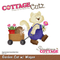 Billede: skæreskabelon kat med trækvogn med pindsvin og potteplante, Dies CottageCutz CC-740, Garden Cat w/Wagon