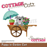 Billede: skæreskabelon lille hund i havevogn med planter og parasol, Dies CottageCutz CC-755, Puppy in Garden Cart