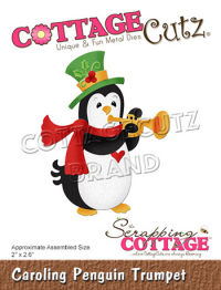 Billede: skæreskabelon pingvin spiller på trompet, Dies CottageCutz CC-799, Caroling Penguin Trumpet