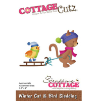 Billede: skæreskabelon kat og fugl på kælketur, Winter Cat & Bird Sledding, cc-961, CottageCutz