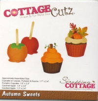 Billede: skæreskabelon efterårets slik æbler på pind og cupcakes, Dies CottageCutz CC-533 Autumn Sweets, førpris kr. 146,00, nupris