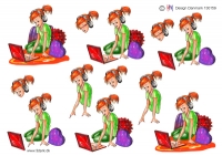 Billede: ung pige ved computer og puder, hmdesign, førpris kr. 6,- nupris