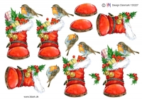 Billede: lille fugl på julestøvle med gaver i, hm-design, førpris kr. 6,-