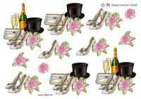 Billede: champagne og brudens taske og sko og en høj hat, hm-design, førpris kr. 6,-