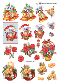 Billede: 4 små julebilleder med klokke, mus, julekurv og juledekoration, hm-design, førpris kr. 6,-