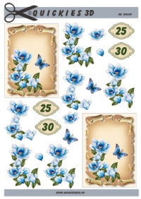 Billede: 2 tags med blå blomster og 25 og 30, quickies, førpris kr. 6,- nupris