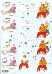 Billede: børn på kælk og 2 kaniner i sneen, Anne Design, førpris kr. 6,- nupris