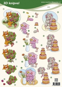 Billede: glade dyr med blomster og kage, voorbeeldkaarten, tilbud