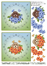 Billede: hundehvalp i blomster med dots, der er brugt dots fra serie 4 og 16, barto design, førpris kr. 6,- nupris