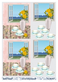 Billede: roser i vase og 2 kopper på bord med havudsigt, barto design