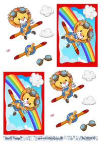 Billede: løven flyver i propelfly under regnbuen, barto design